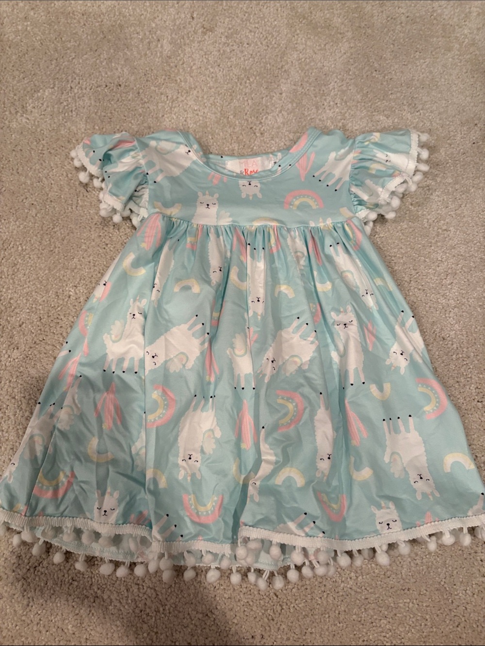 Girls Light Blue Llama Dress with Pom-Pom Trim